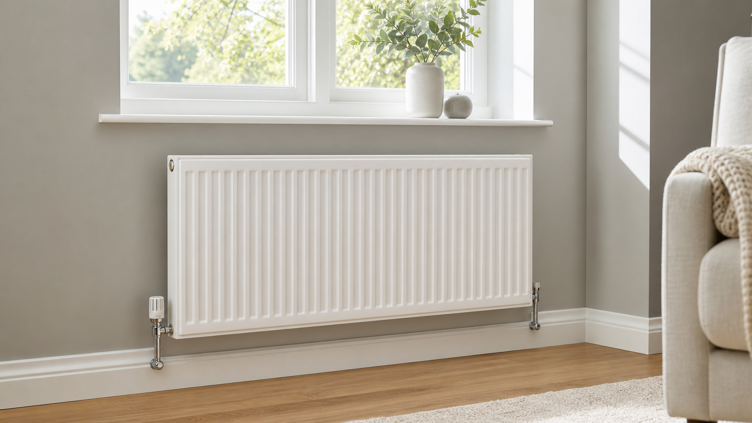 pristine radiator in a bright contemporary room after professional central heating flush, highlighting clean white surfaces and a fresh, inviting space