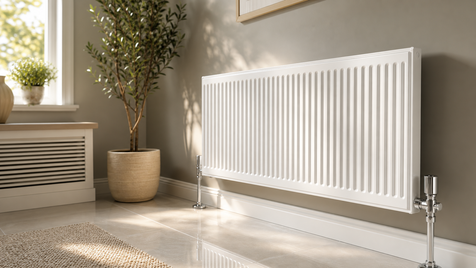 Spotless modern radiator and pipework in a sunlit room after chemical flush, with clean surfaces and sleek chrome accents
