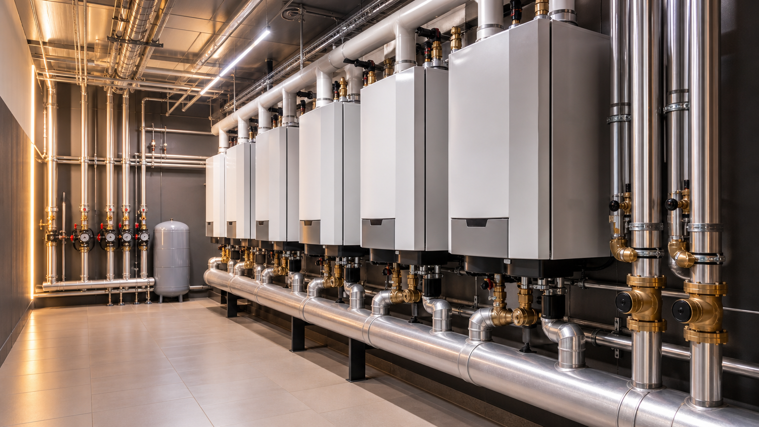 spotless commercial boiler room with clean central heating systems and shiny pipes after professional power flushing service