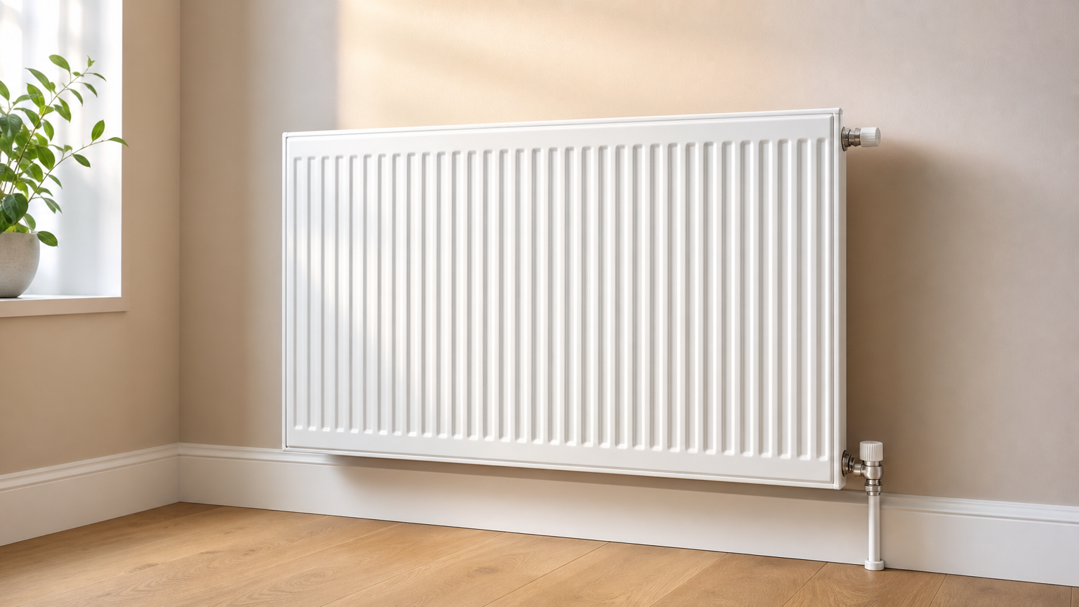 Pristine radiator against a modern wall after professional power flushing, showing a clean and refreshed heating system